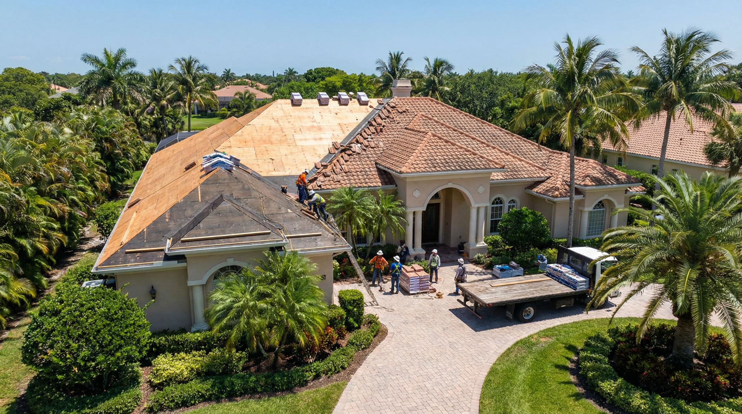 Roof replacement Palm Beach Gardens - roofing crew performing tear-off on a residential home