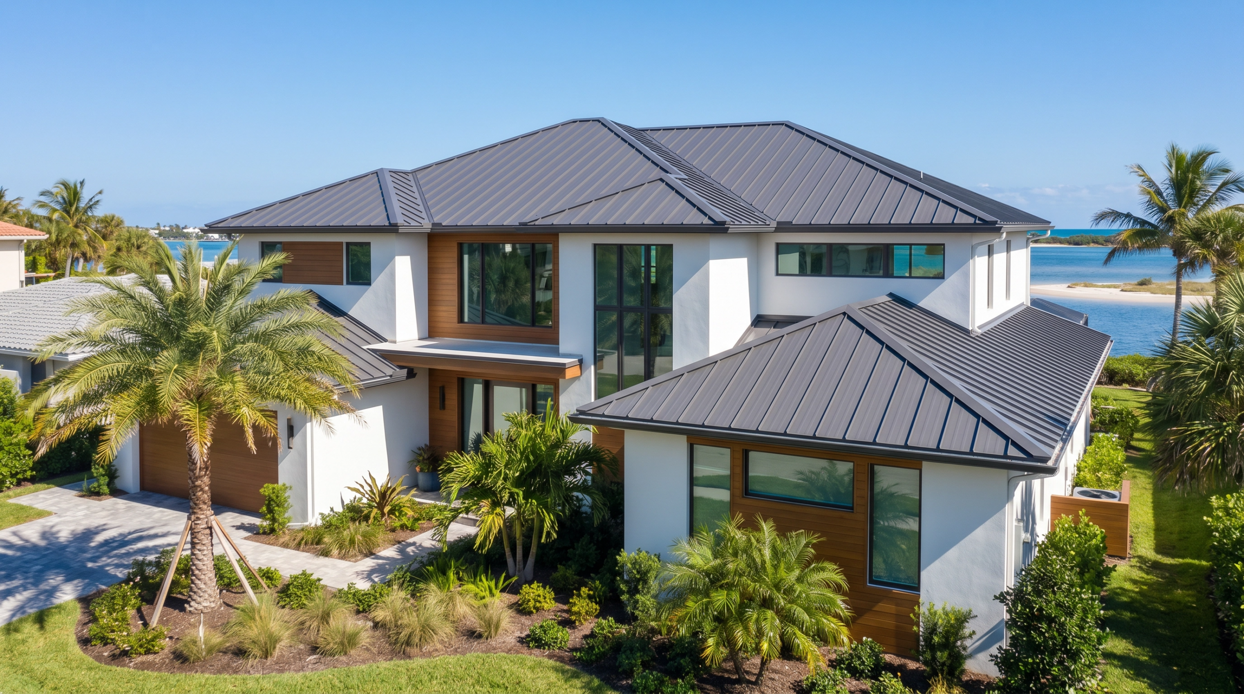 Best roofing materials Lake Park - modern home with metal roof designed for coastal protection