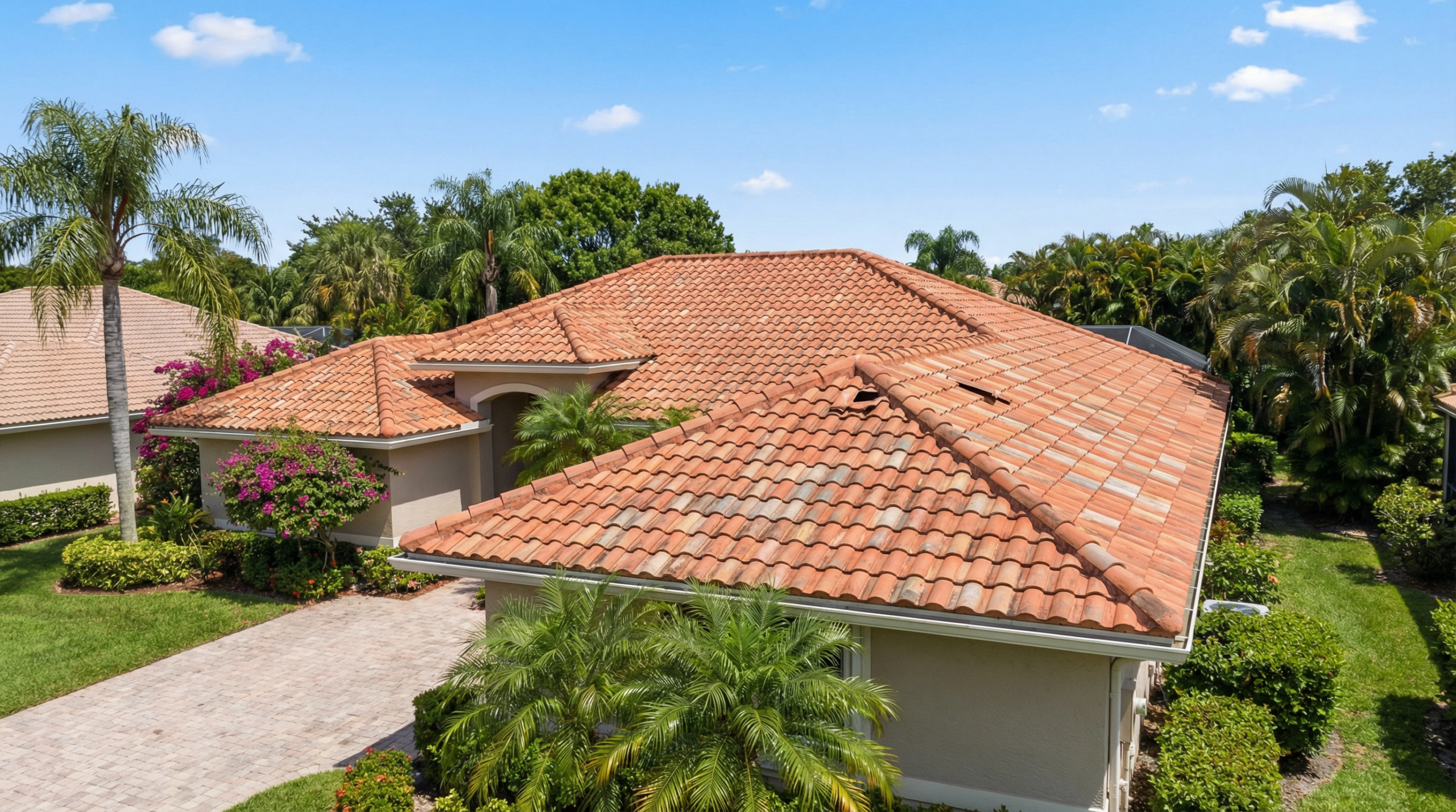 A residential home in Palm Beach Gardens showing signs of an aging roof that needs replacement