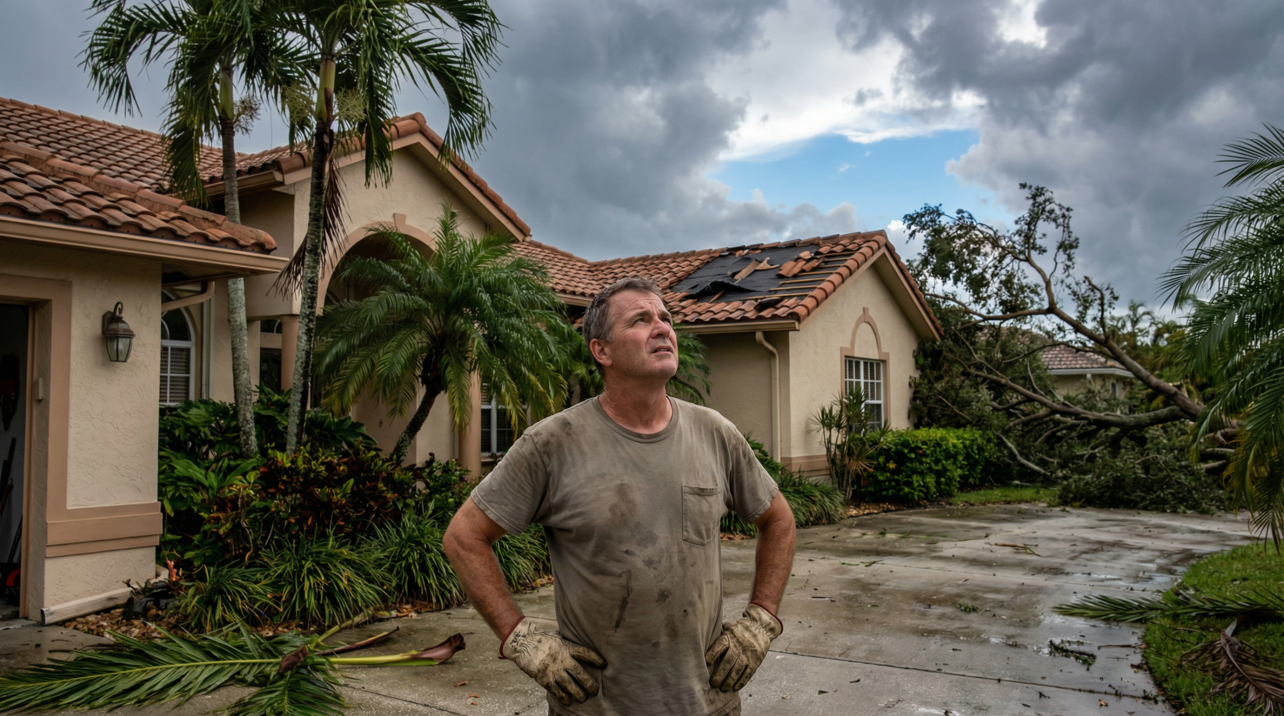 A Palm Beach County homeowner surveys storm damage to his tile roof after a hurricane