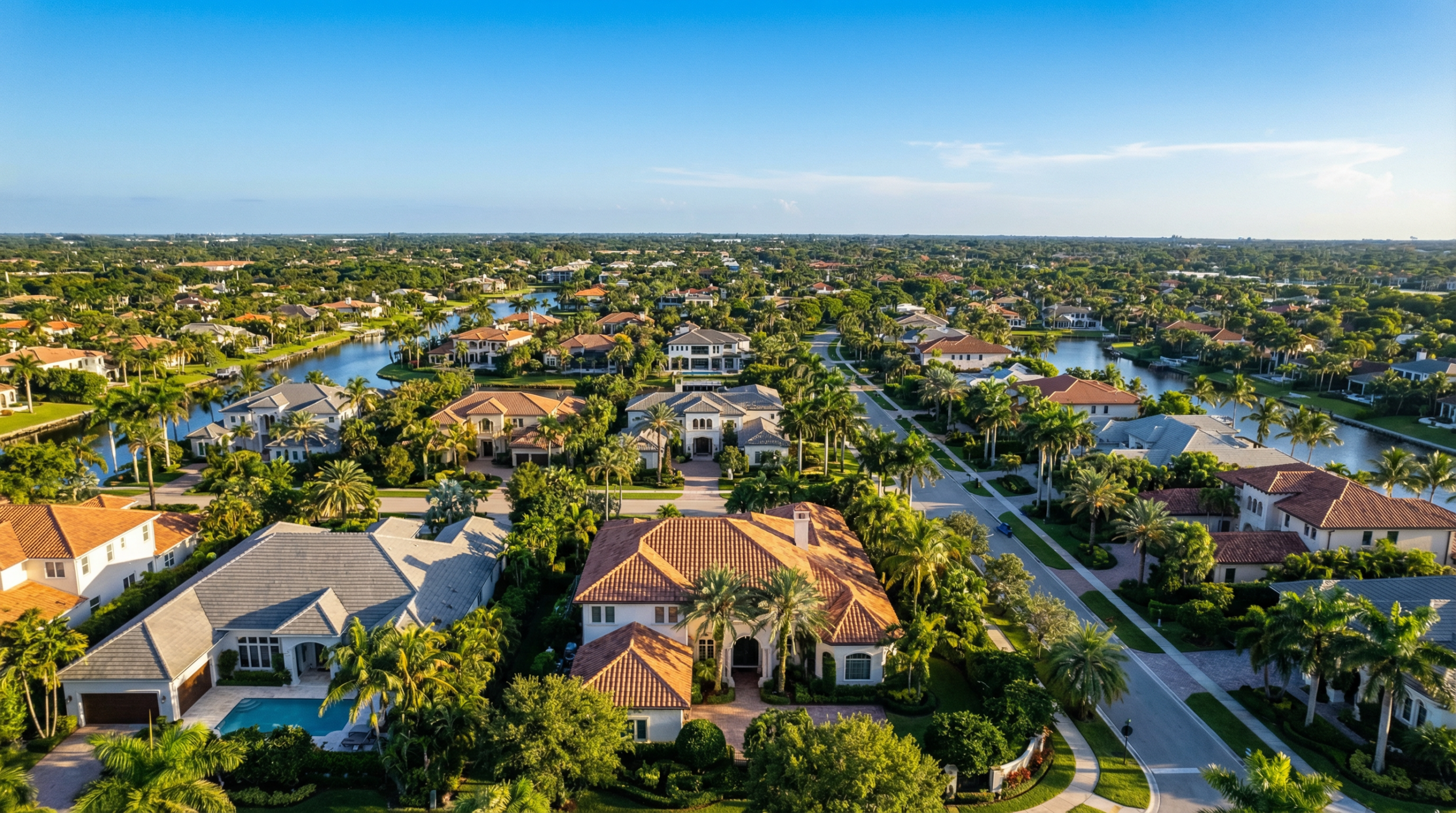 Aerial view of Palm Beach County residential neighborhood showing tile roofs on luxury homes surrounded by tropical landscaping