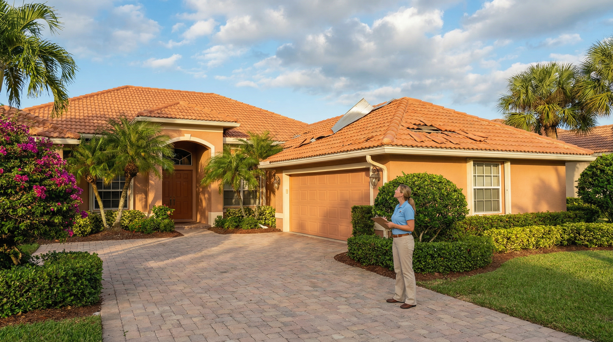 Insurance adjuster inspecting storm-damaged tile roof on a Palm Beach County Florida home