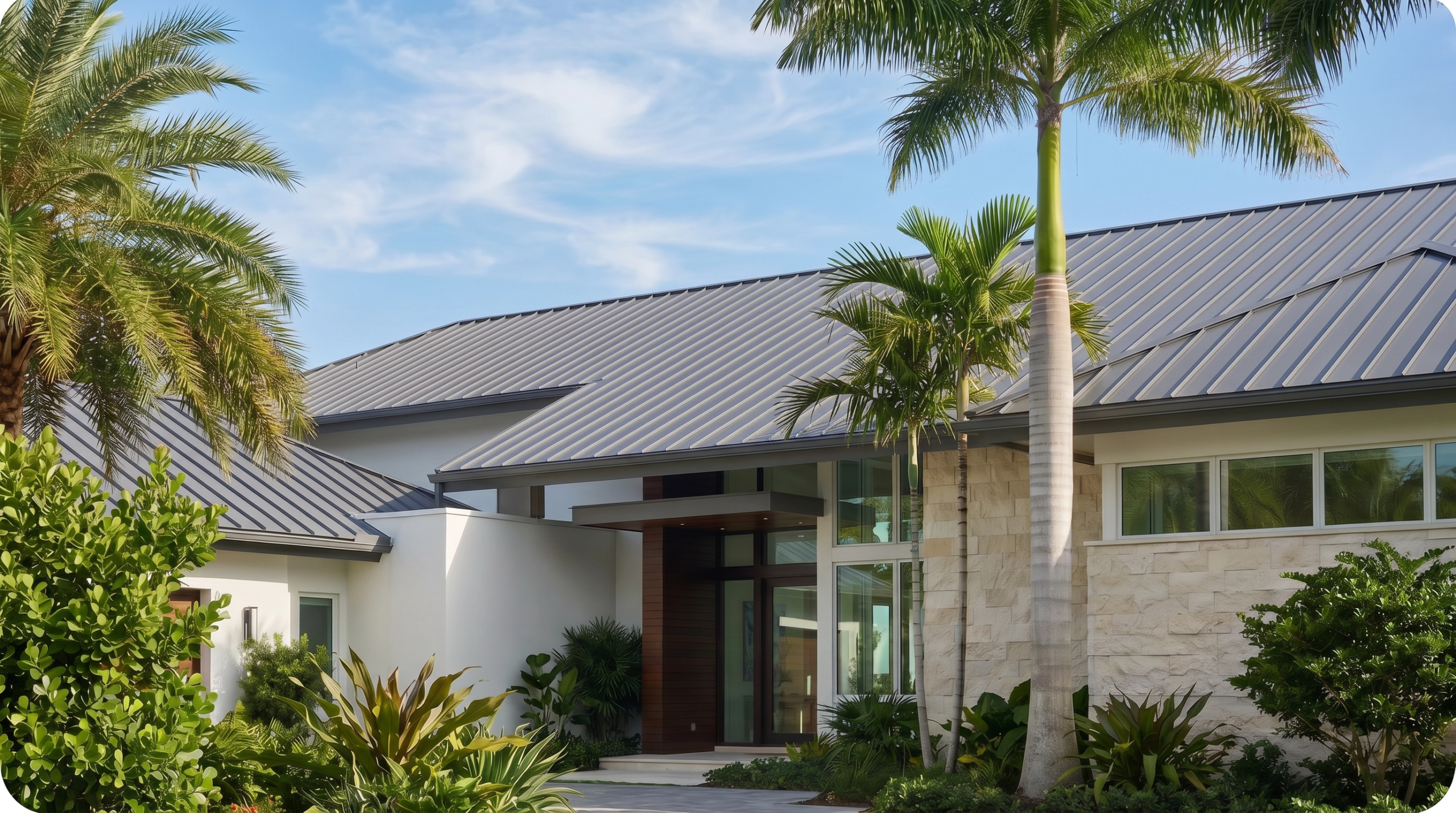 Roof replacement cost in Lake Park FL - Luxury South Florida home with modern metal roof