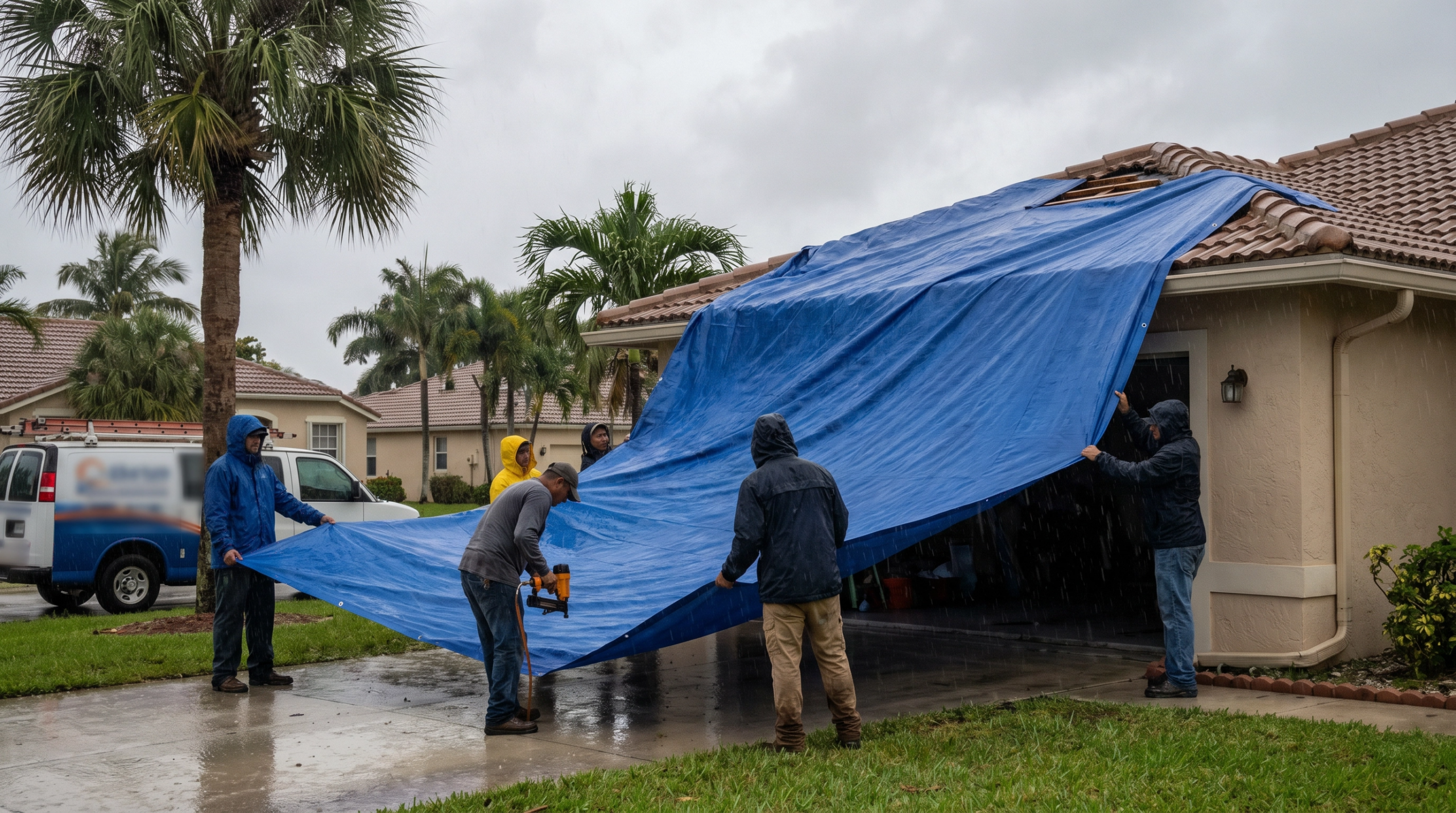 Emergency roof tarping being installed on a Lake Park FL home during a storm