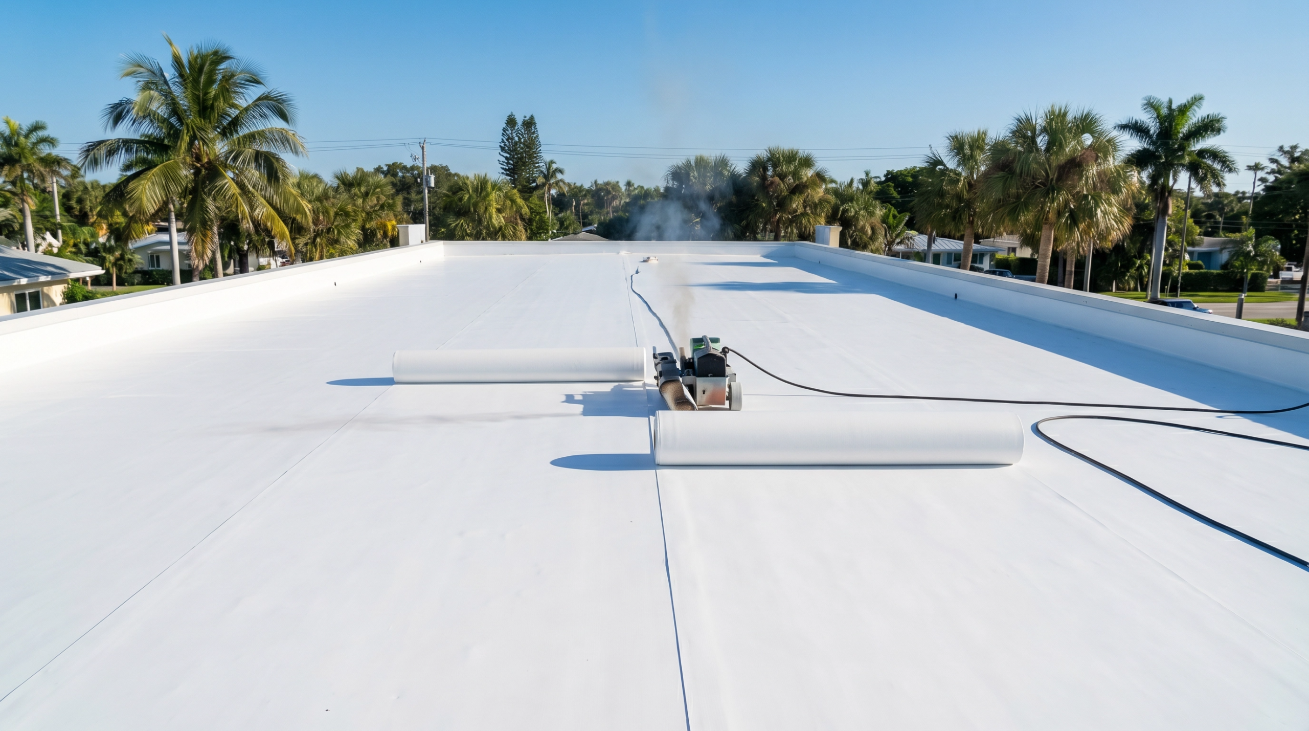 Professional installation of a white TPO flat roof membrane on a Lake Park FL commercial building