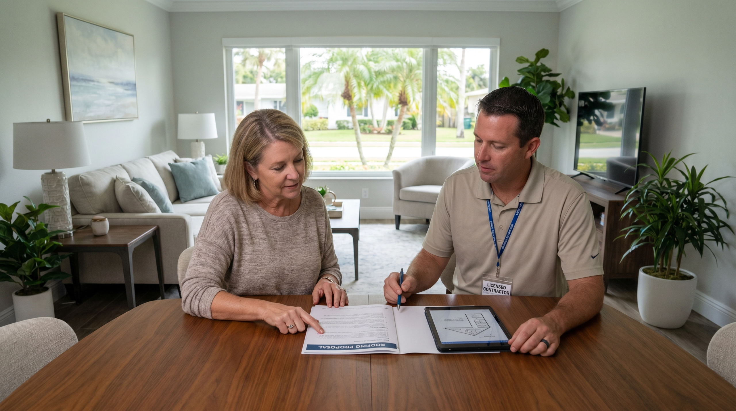 Homeowner reviewing a professional roofing contract with a licensed contractor in Lake Park FL
