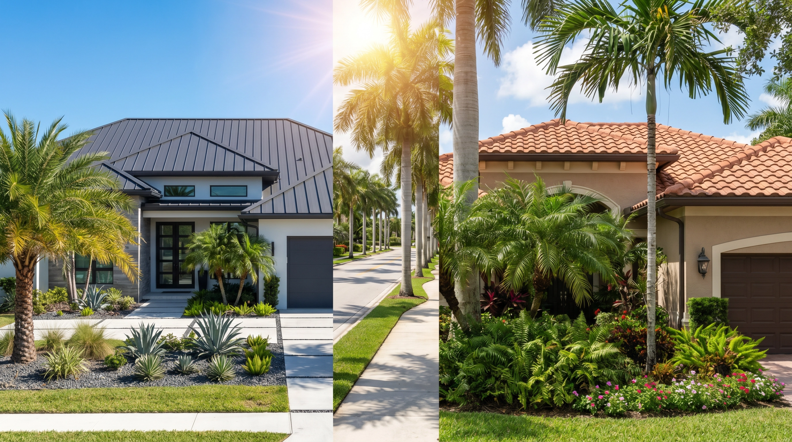 Split view of a modern standing seam metal roof and a traditional concrete tile roof in a Lake Park FL neighborhood