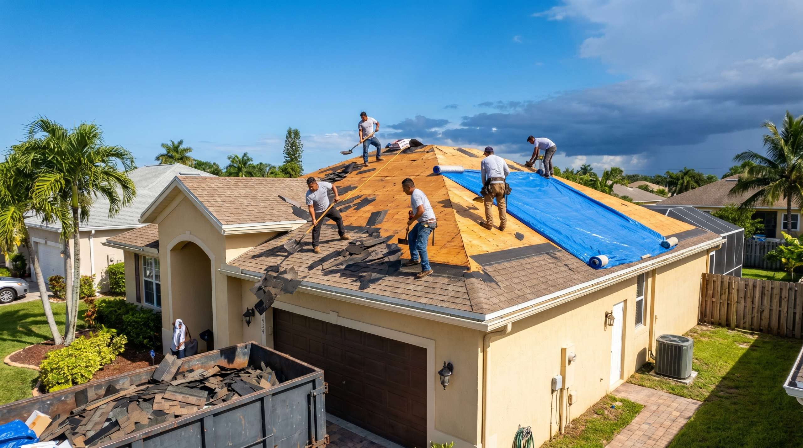 Roof replacement timeline Lake Park FL - roofing crew performing tear-off