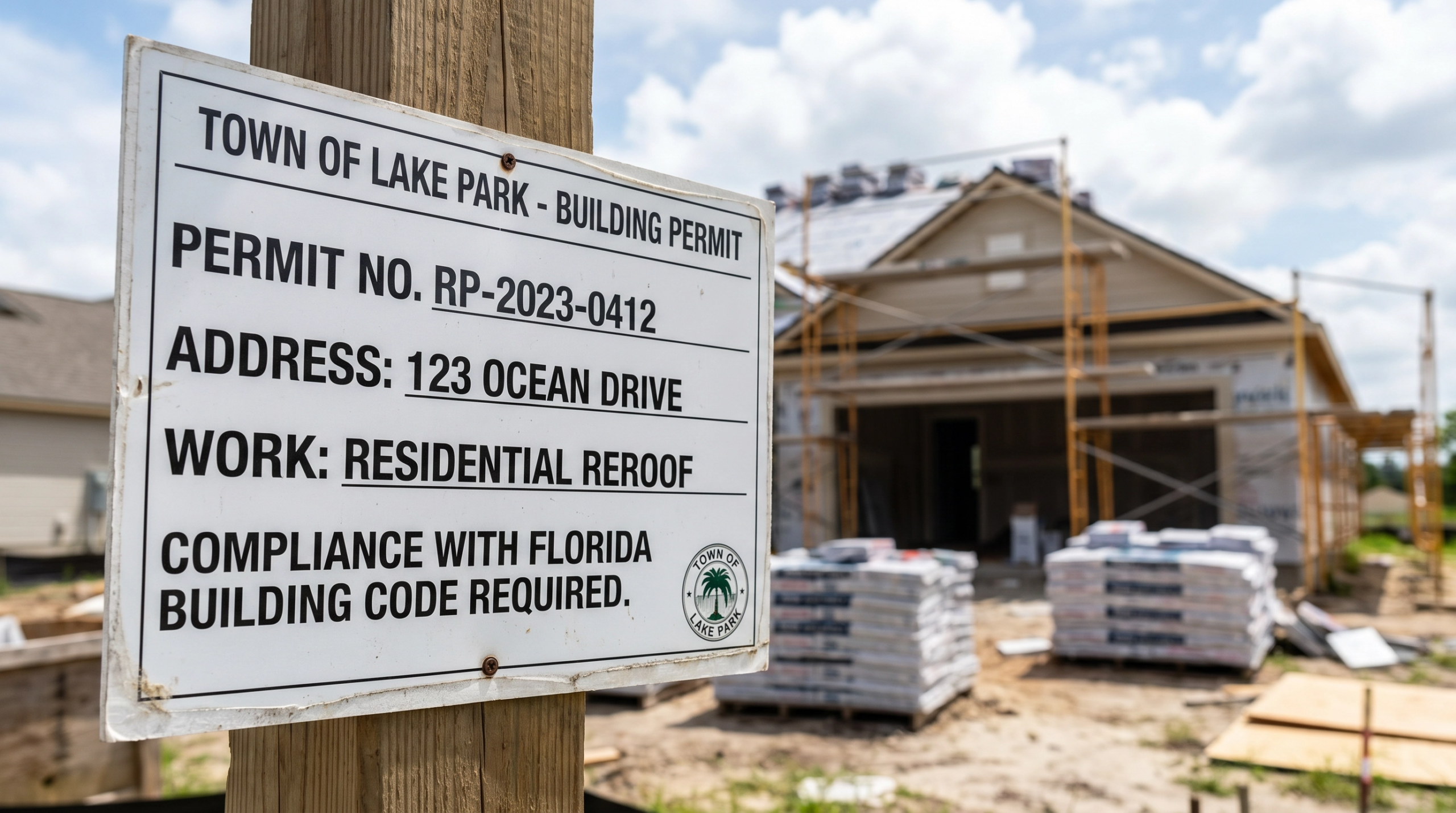 Lake Park roofing permits - official permit placard on a residential job site