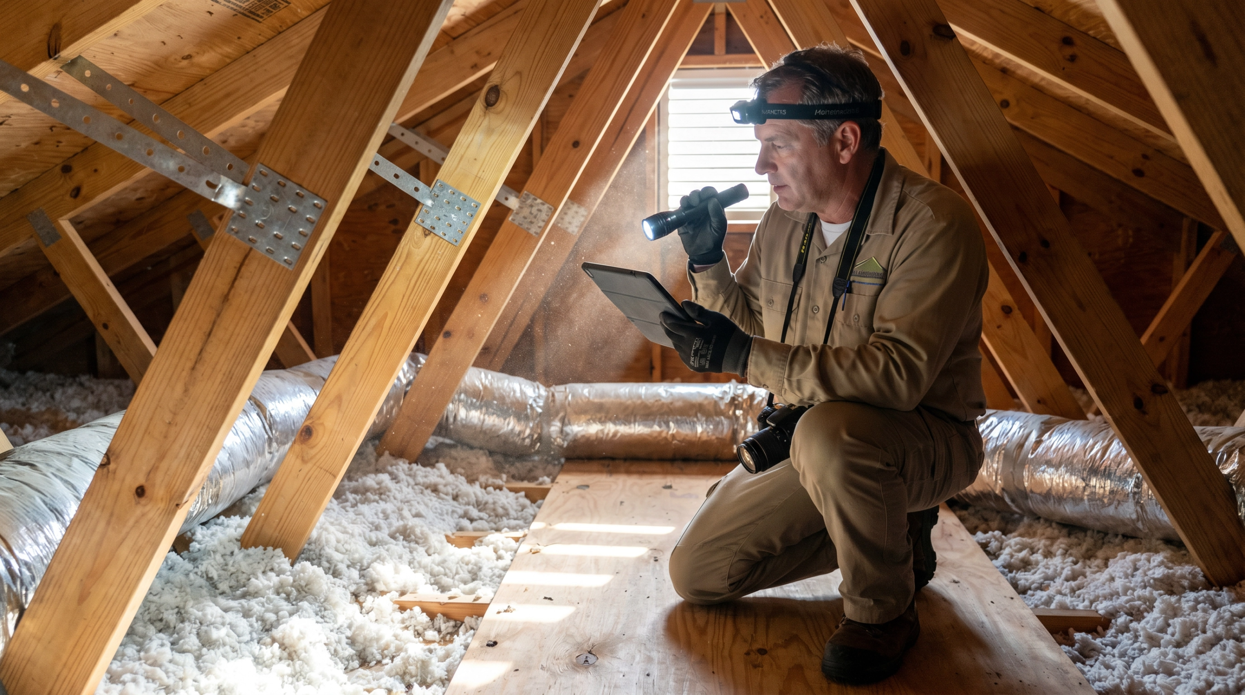 Professional inspector verifying roof-to-wall hurricane clips in a Lake Park FL attic