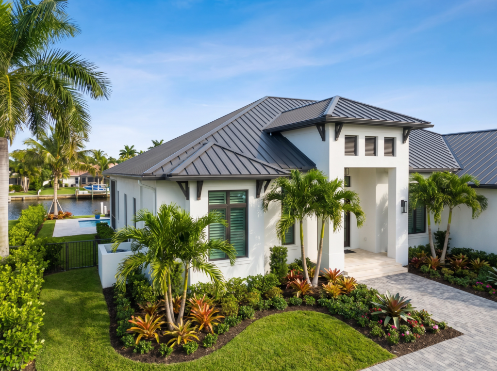 Premium standing seam metal roof installation on a modern coastal home by BLU Roofing.