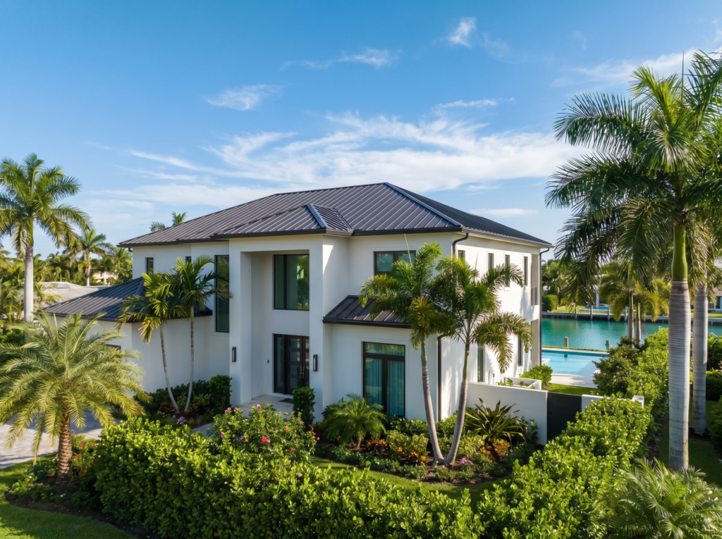 Full residential standing seam metal roof replacement in Palm Beach Gardens by BLU Roofing.