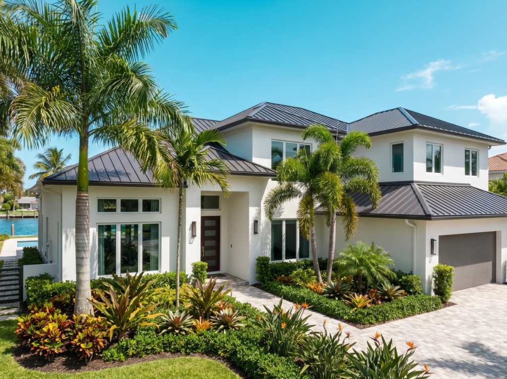 Luxury dark standing seam metal roof installation in Palm Beach Gardens by BLU Roofing.