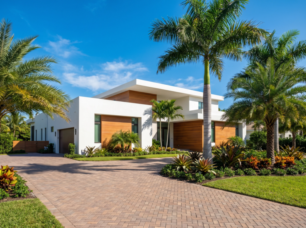 Modern flat roof installation and TPO membrane system on a luxury South Florida home by BLU Roofing.
