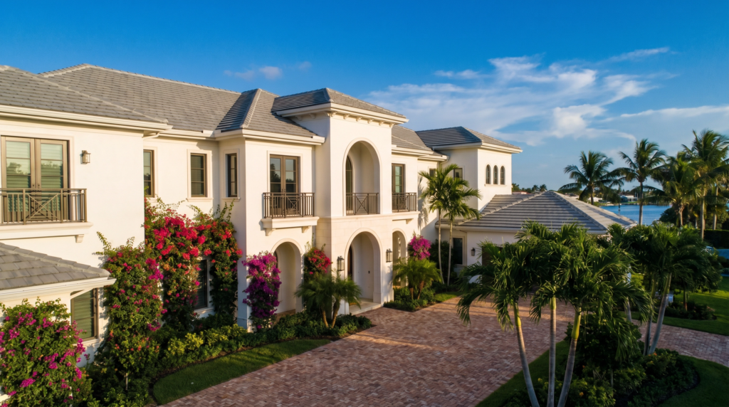 Designer concrete tile roof installation for a North Palm Beach waterfront estate by BLU Roofing.