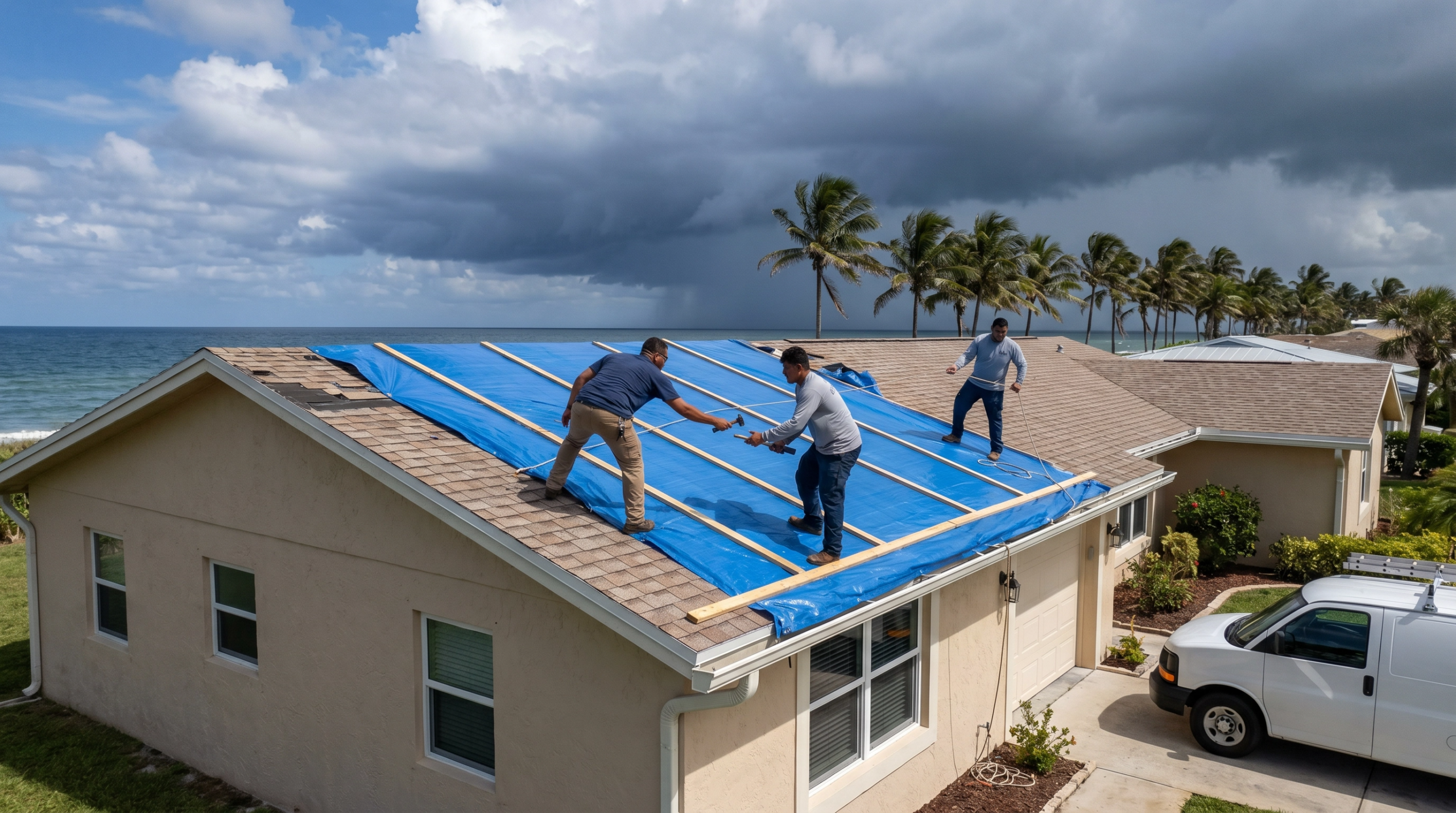 Professional roofing team installing emergency tarp on a North Palm Beach home near the coast