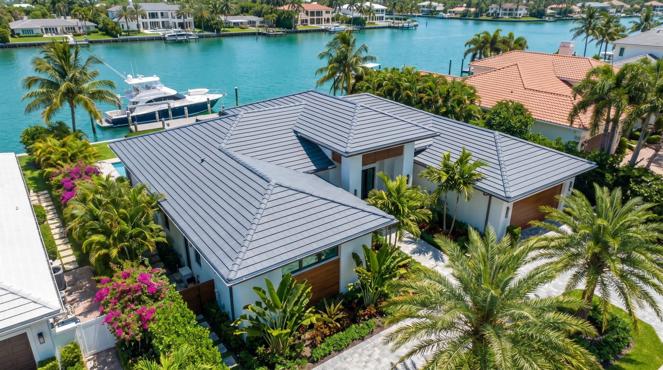 Aerial view of a waterfront home in North Palm Beach with a new roof, showing luxury and coastal durability