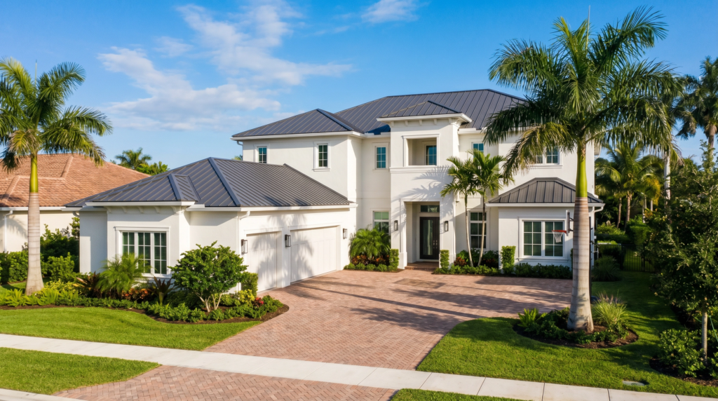 Dark standing seam metal roof installation on a luxury North Palm Beach home by BLU Roofing.