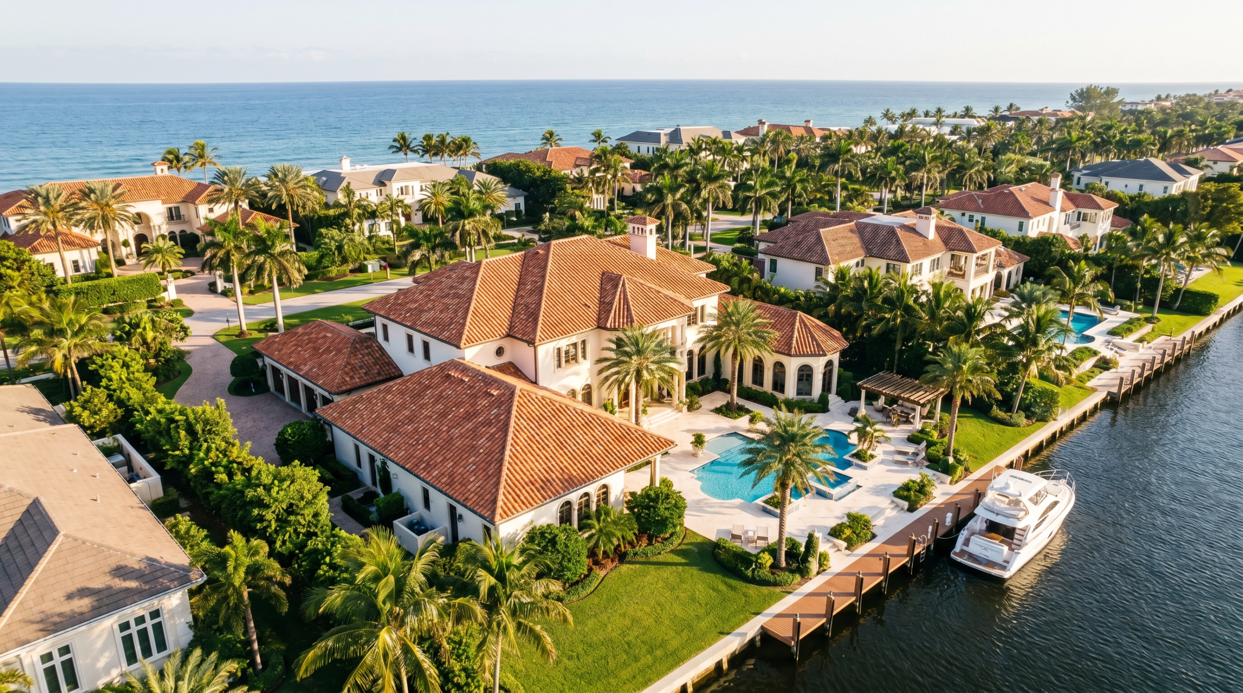 High-end residential estate in North Palm Beach with a well-maintained tile roof, showcasing coastal architecture
