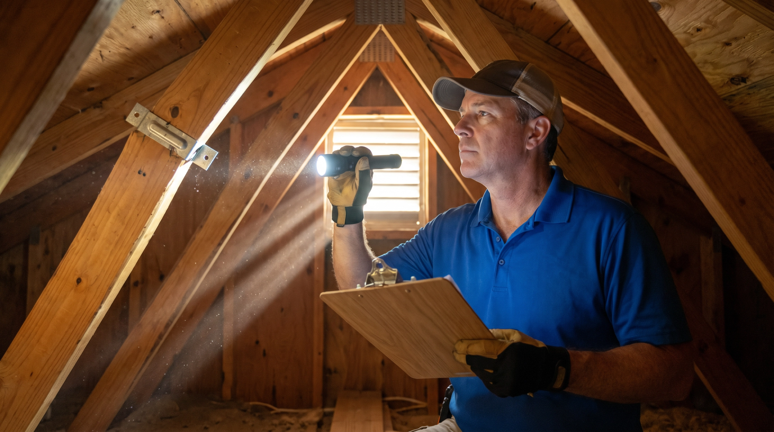 Licensed inspector documenting roof-to-wall hurricane clips in a North Palm Beach attic