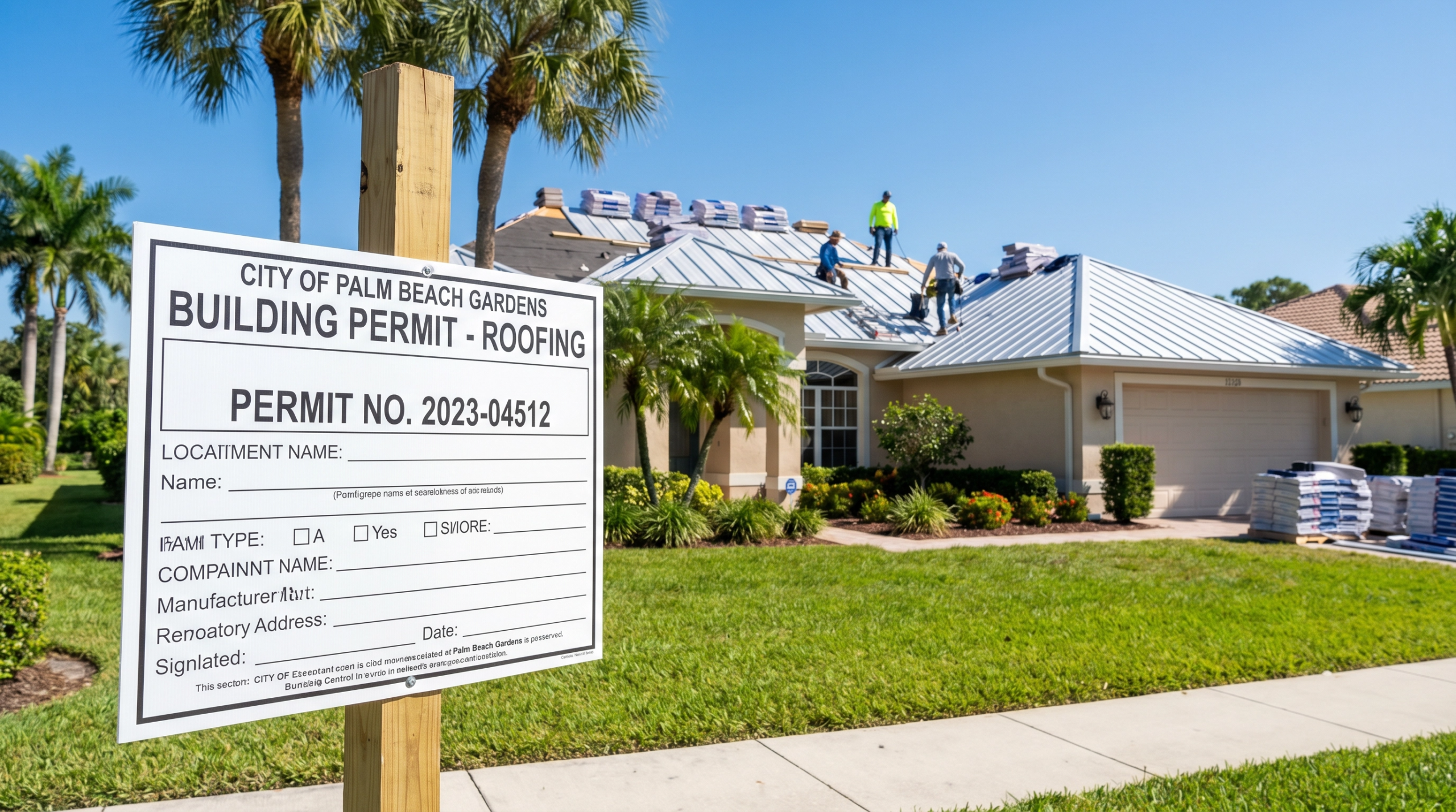 Official roofing permit placard posted on a residential job site in Palm Beach Gardens FL