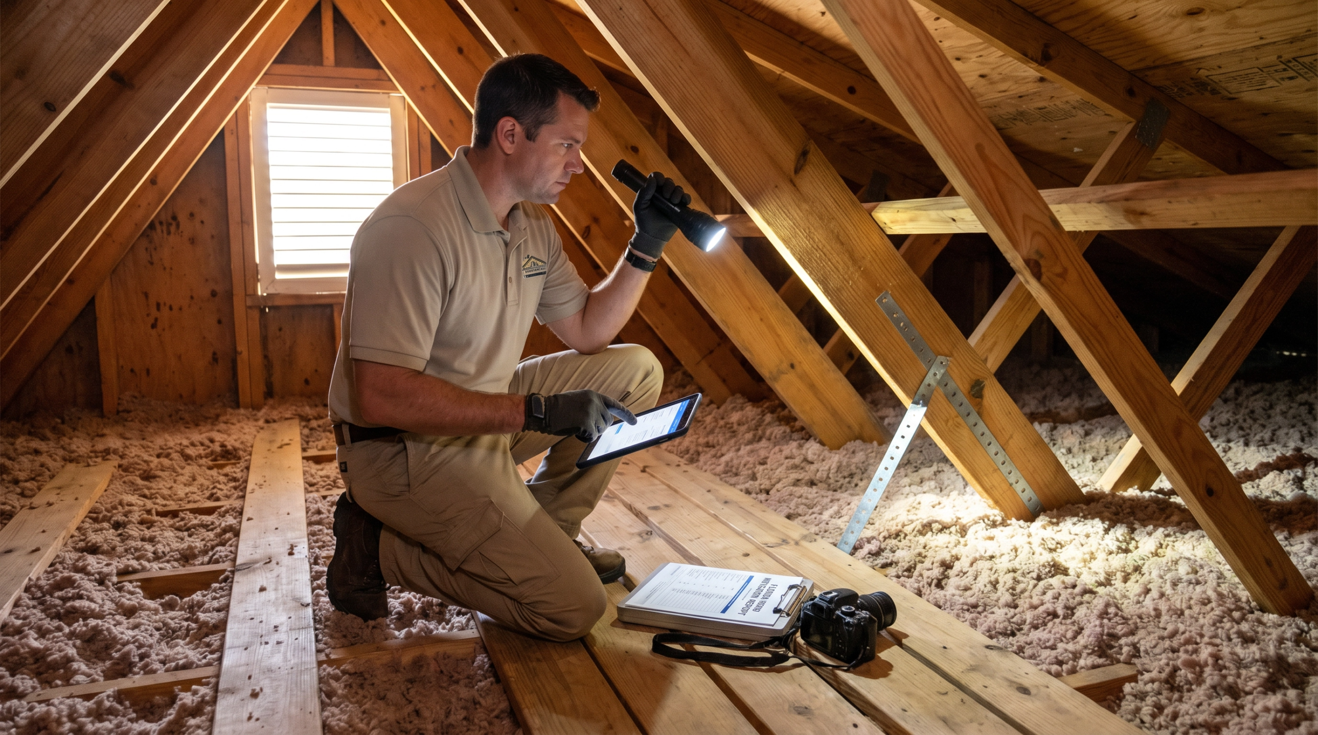 Licensed inspector documenting roof-to-wall hurricane straps in a Palm Beach Gardens attic