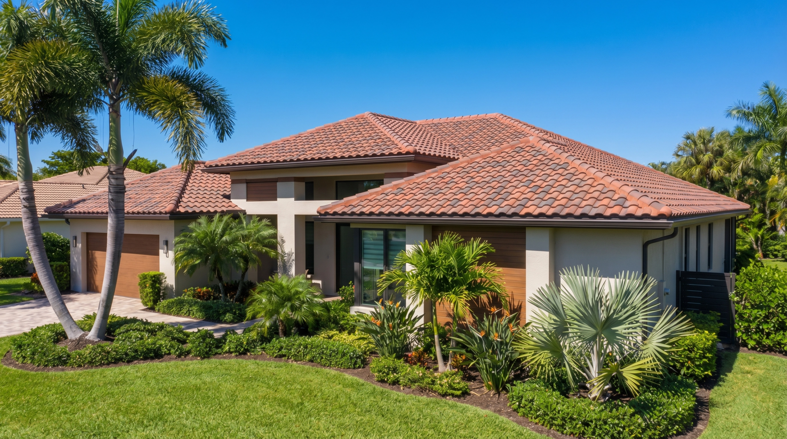 Modern Boca Raton home with a newly installed tile roof under a clear blue sky