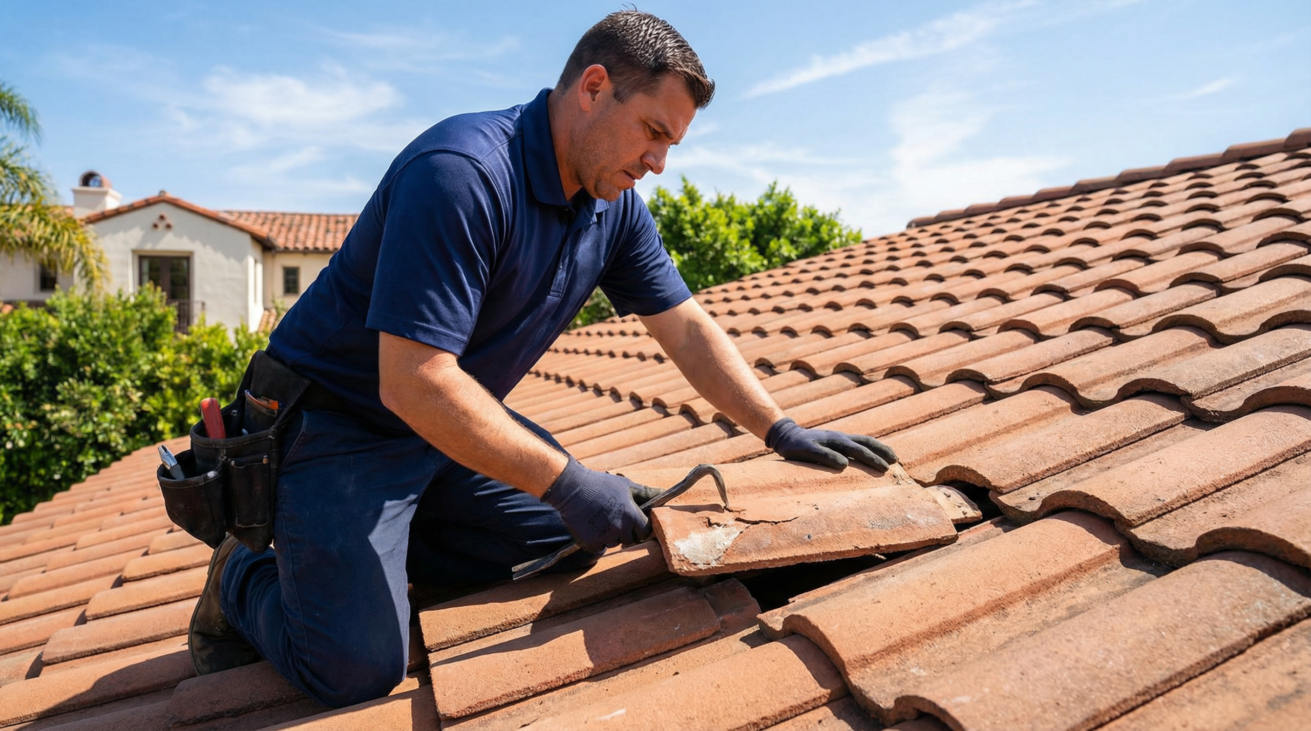 Roof repair contractor fixing tile roof in Boca Raton FL