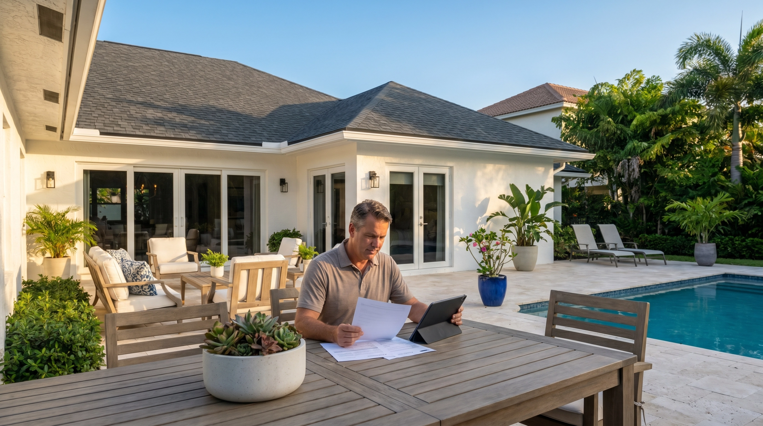 Lake Park homeowner reviewing roof insurance documents on a back patio