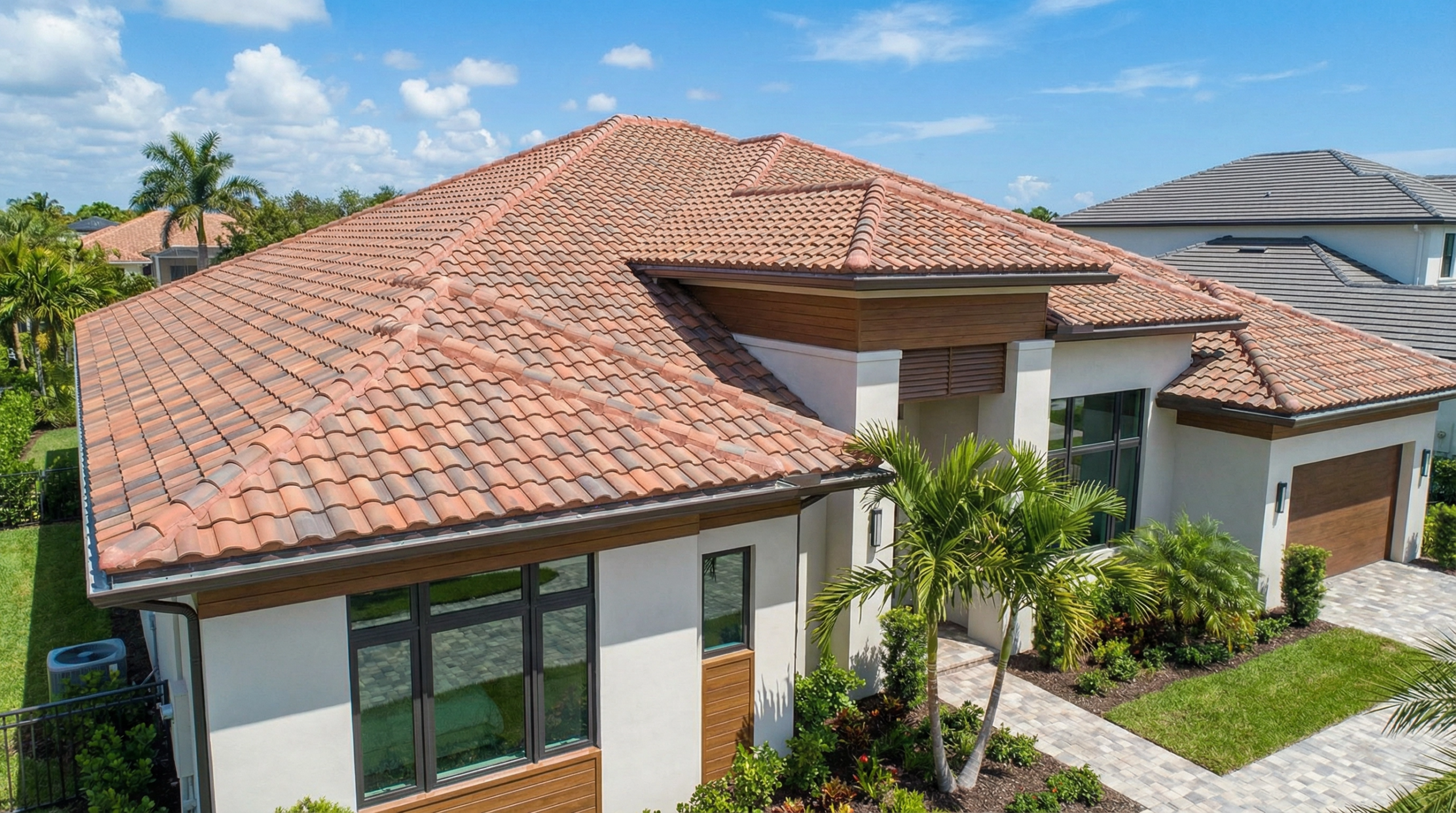 Modern Palm Beach Gardens home with a well-maintained tile roof