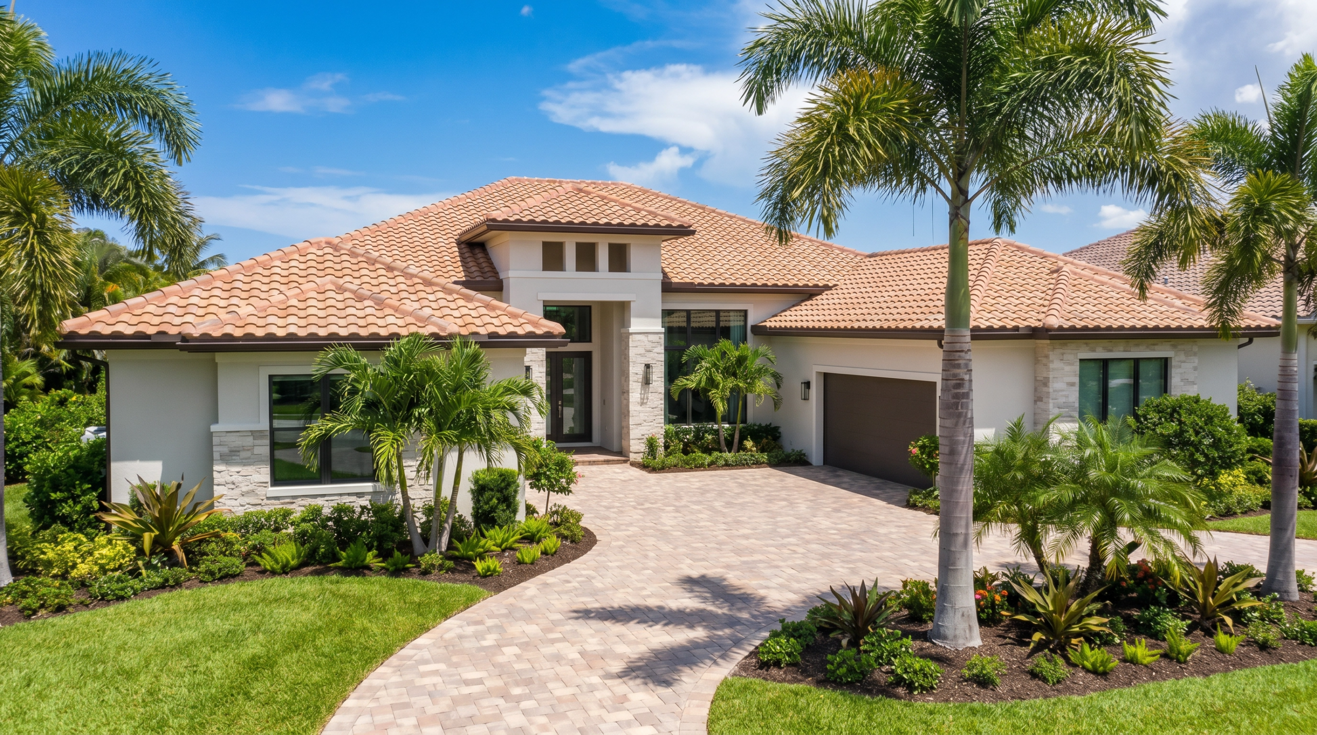 Modern Palm Beach Gardens home with a well-maintained tile roof