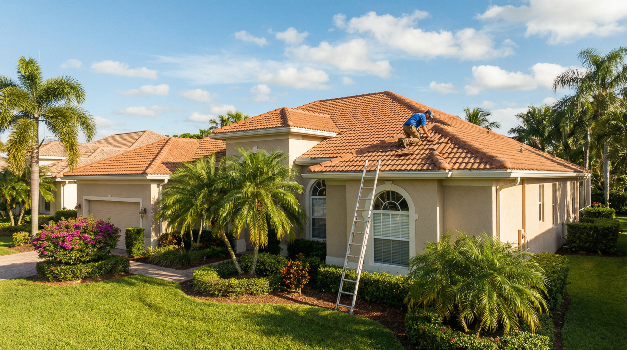 Roofing contractor repairing tile roof on a Palm Beach Gardens Florida home