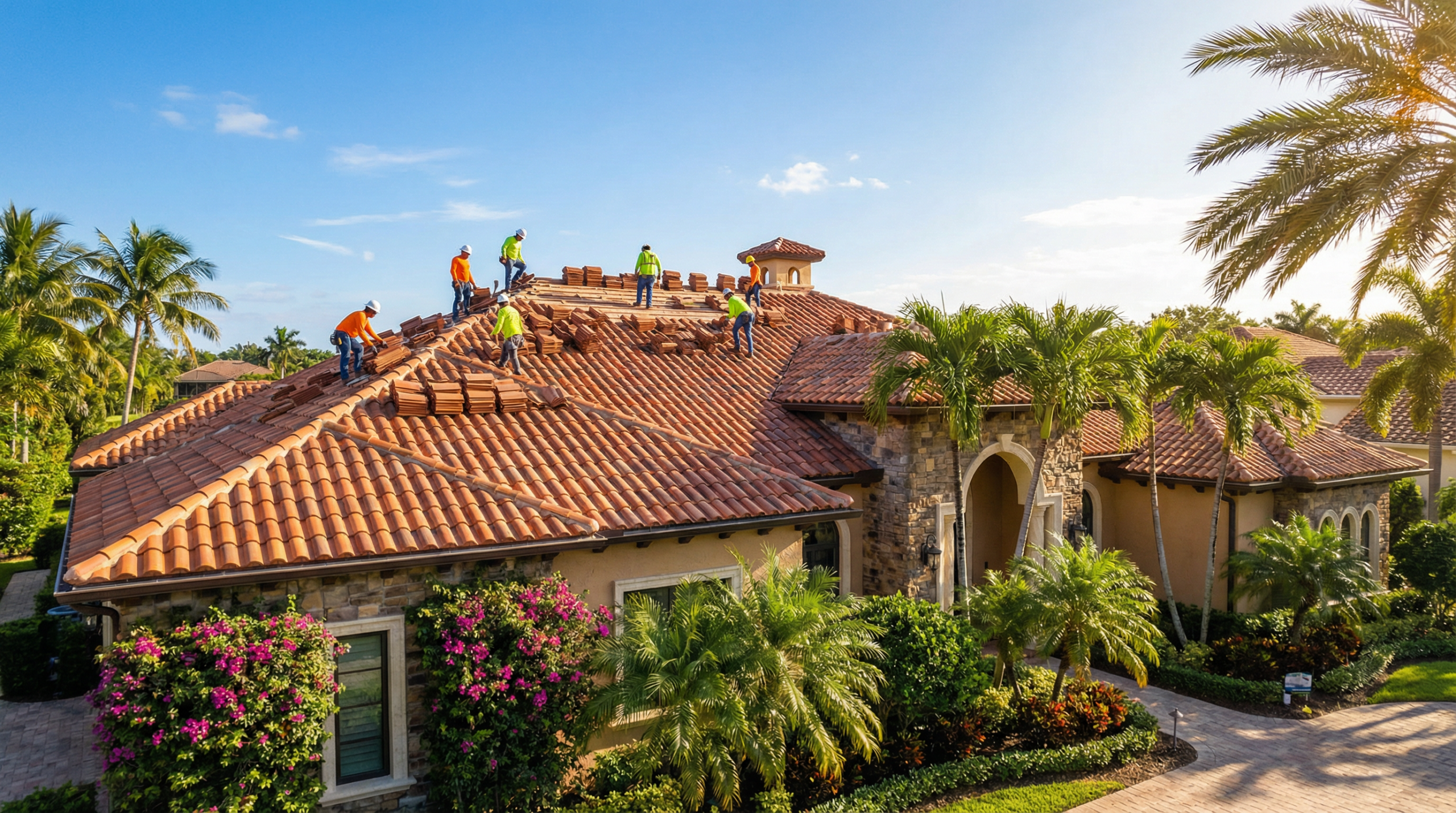 Roofing crew installing clay barrel tile on a Mediterranean-style home in West Palm Beach, Florida