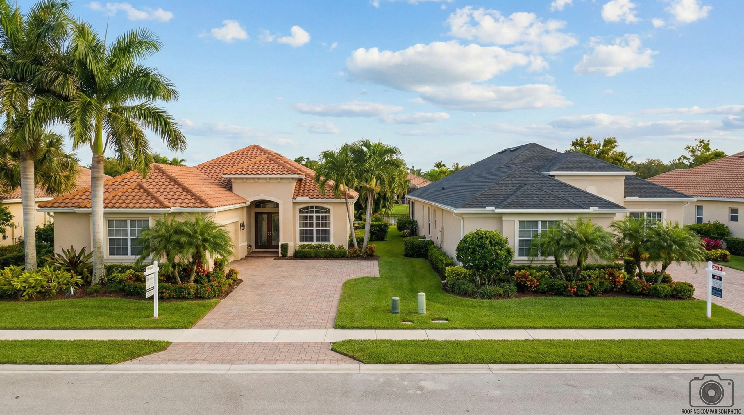 Side-by-side comparison of tile roof and shingle roof on Palm Beach Gardens Florida homes