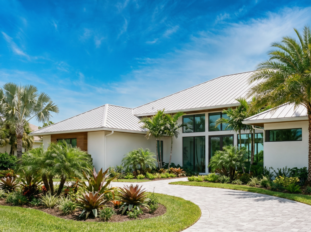 Modern luxury home in Wellington, FL, with a clean standing seam metal roof and lush tropical landscaping.