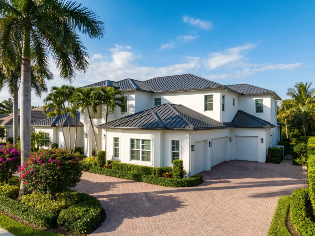 Upscale two-story luxury home in Wellington, FL, featuring a professional dark metal standing-seam roof.