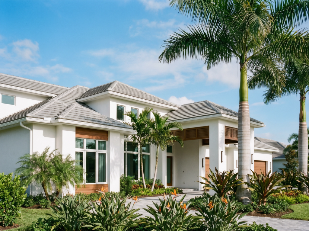 Modern single-family home in Wellington, FL, featuring a durable concrete tile roof and lush tropical landscaping.