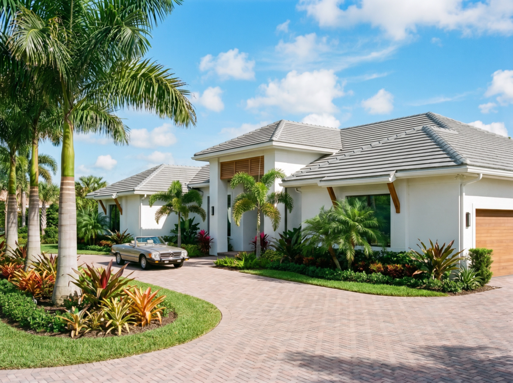 Luxury single-family home in Wellington, FL, with a premium grey concrete tile roof and circular paver driveway.