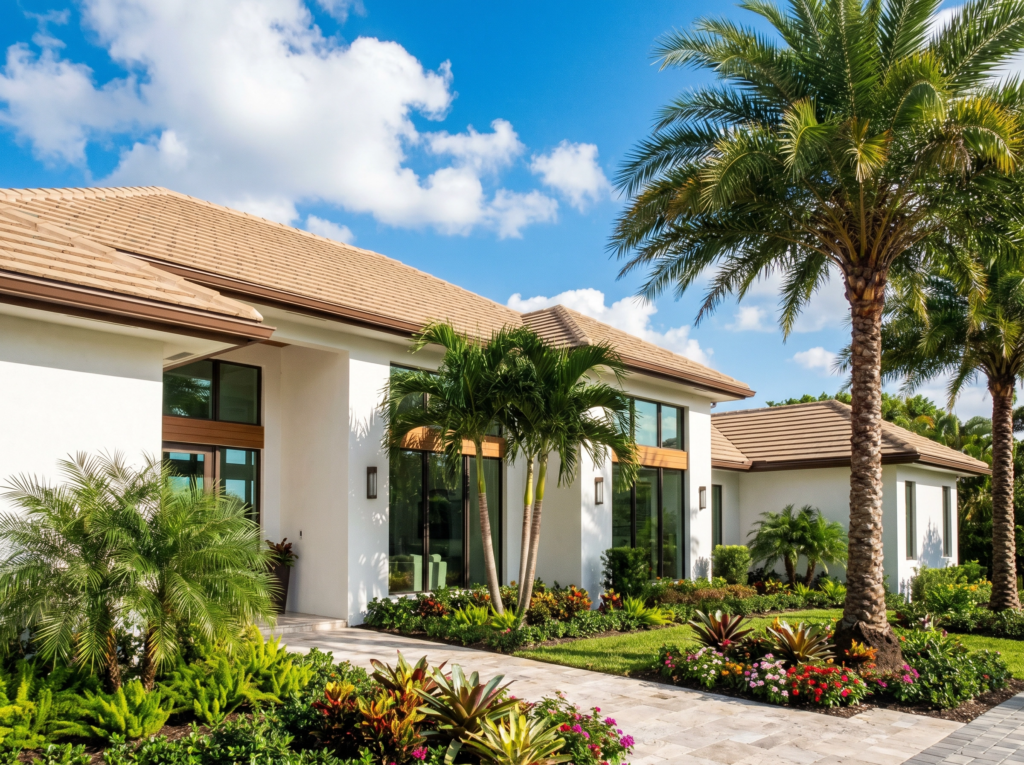 Flat concrete tile roof installation on a modern Royal Palm Beach ranch by BLU Roofing.