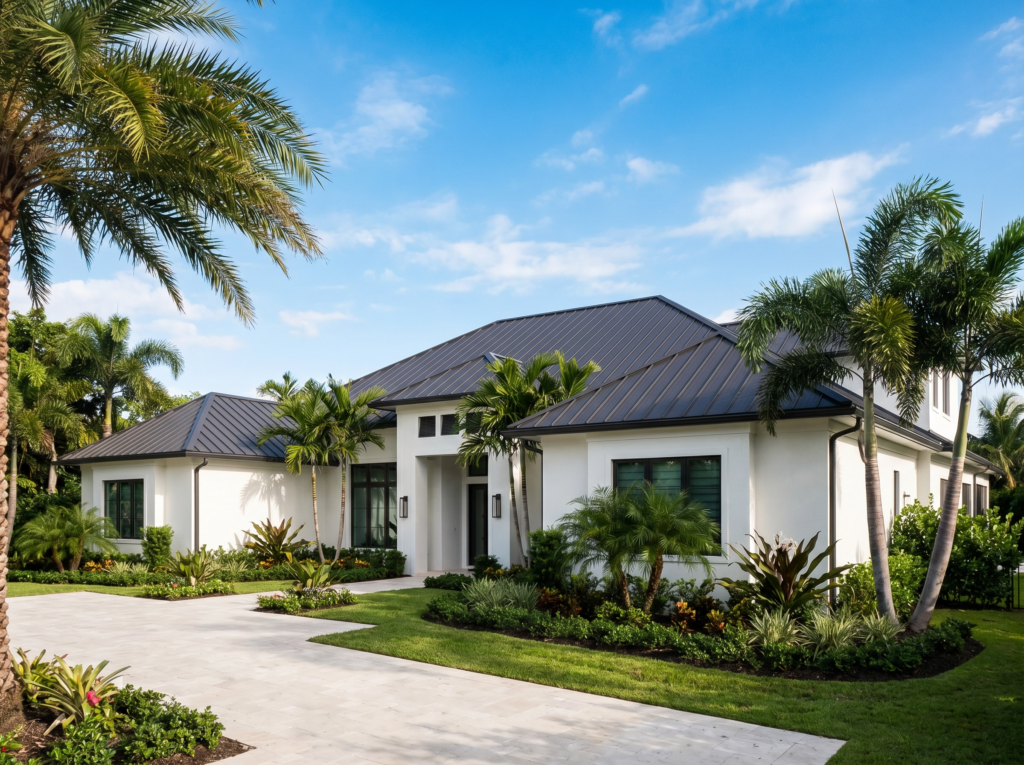 Luxury standing seam metal roof installation in West Palm Beach by BLU Roofing.