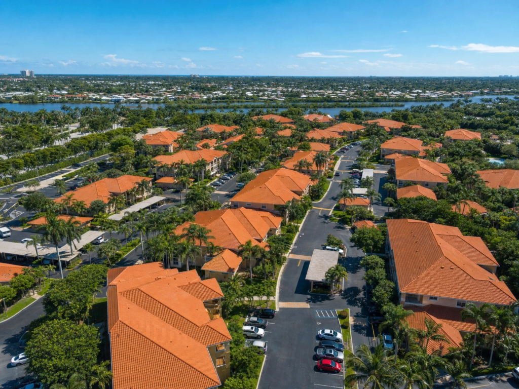 Drone view of a sprawling multi-family residential community with orange barrel tile roofs in South Florida.