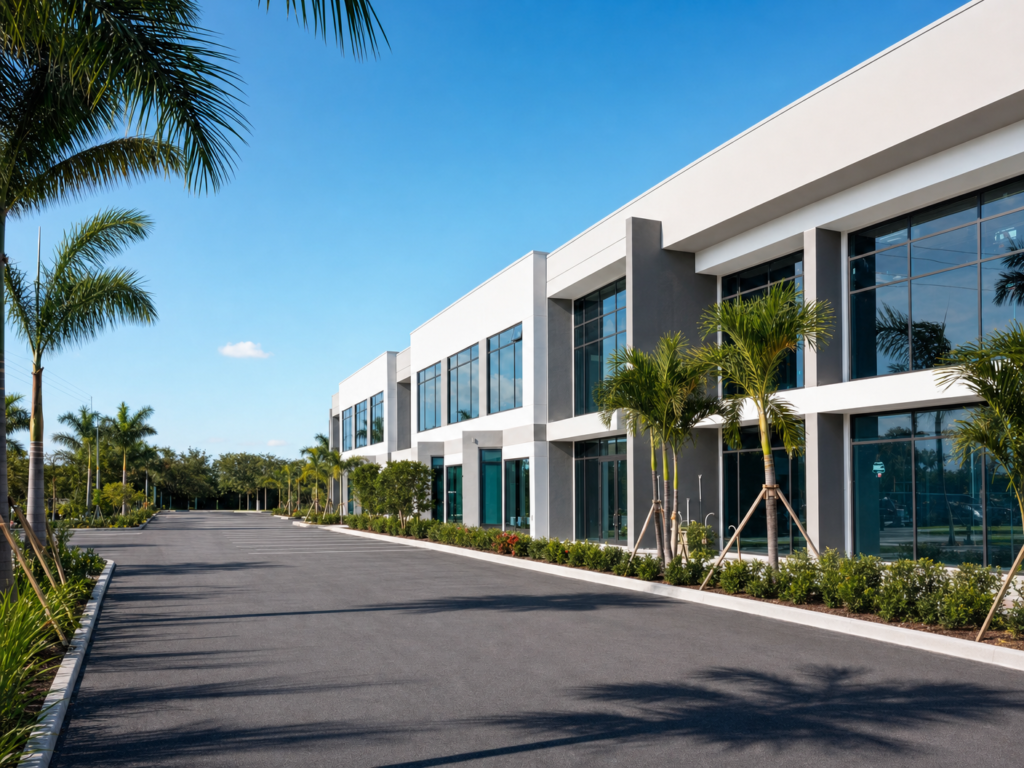 A modern commercial office building with clean lines and professional landscaping in South Florida.