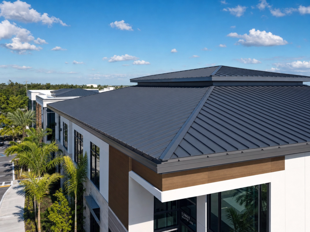 Close-up drone view of a dark gray standing seam metal roof on a modern professional office building in South Florida.