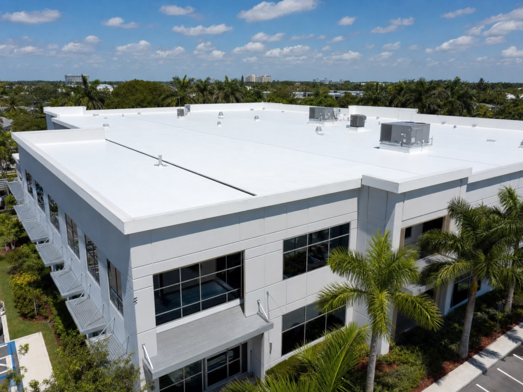 Large white TPO flat roof on a commercial office building with RTU units and professional flashing details.