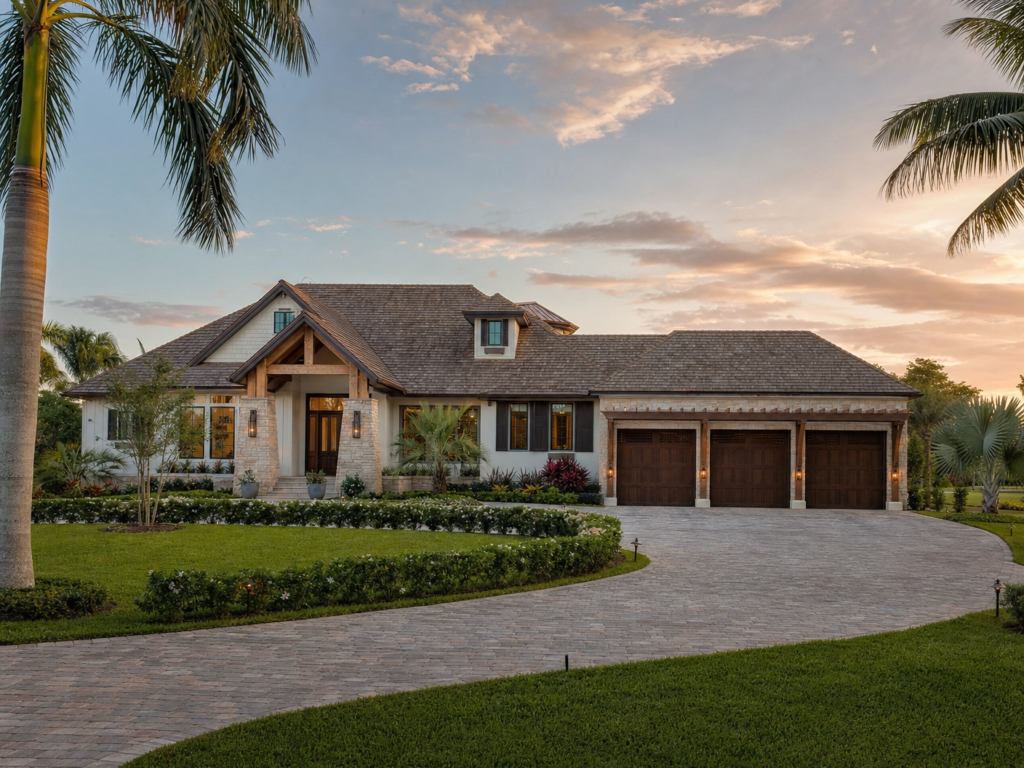 A sprawling luxury custom home in The Acreage with a multi-level shingle roof and a long circular driveway.