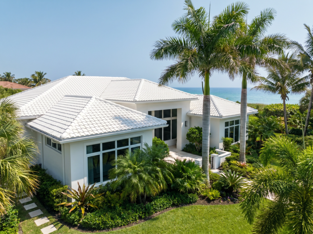 A modern beachfront home in Juno Beach, Florida, showcasing a bright white concrete tile roof, pristine landscaping, and ocean views.