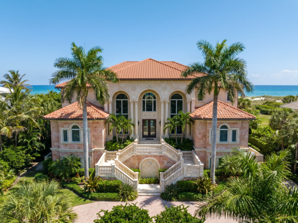 A grand oceanfront Mediterranean estate in Juno Beach featuring a multi-level clay tile roof, arched windows, and a limestone exterior with a sweeping grand staircase.