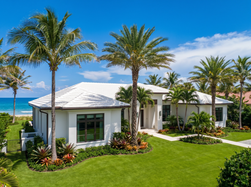 A luxury beachfront estate in Juno Beach, Florida, featuring a pristine white flat-tile roof, modern white exterior, and lush tropical landscaping with ocean views.