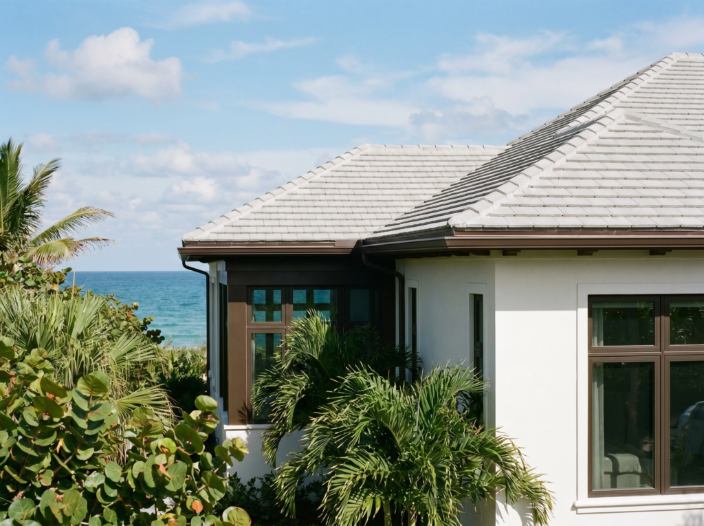 A high-angle architectural photograph of a modern Juno Beach home featuring a complex grey flat-tile roof system, ocean views, and tall royal palms.