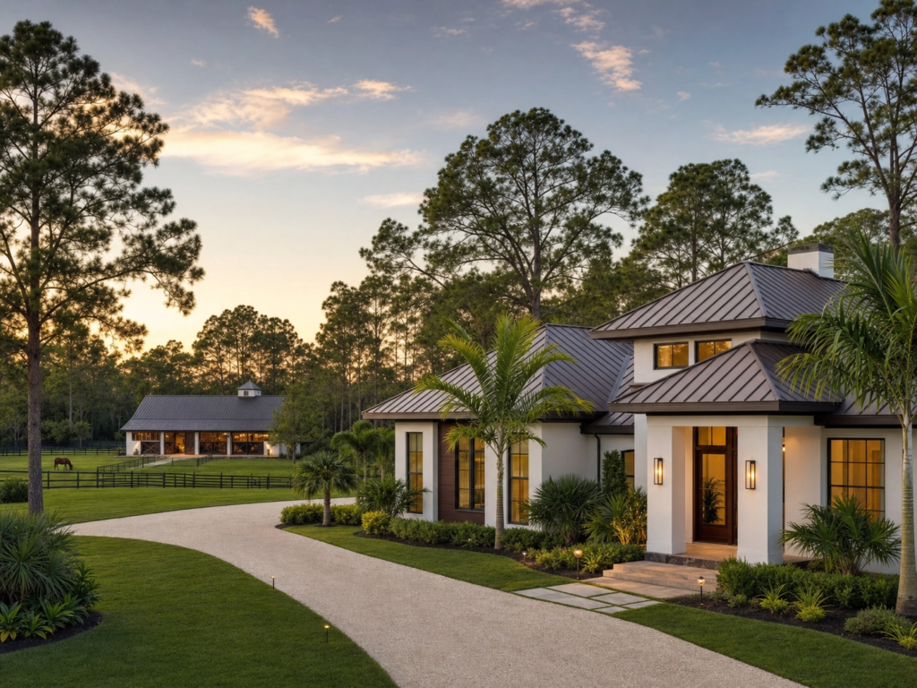A luxury ranch-style home in Jupiter Farms featuring a professional roofing installation with matching outbuildings and equestrian paddocks.